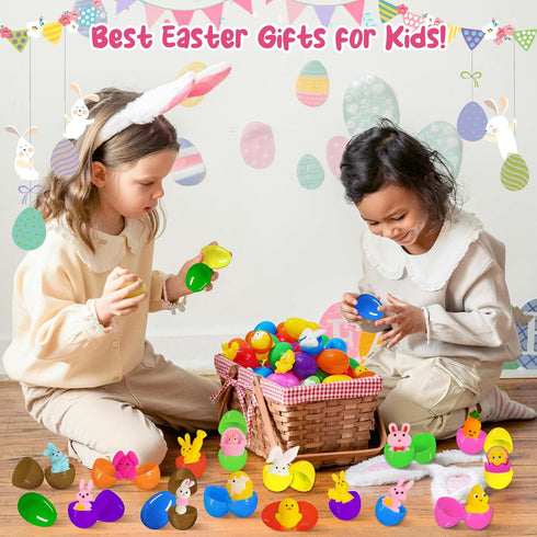 EUOCENK 24PCS Prefilled Easter Eggs with Mochi Squishy Toys, Pre-Stuffed Eggs with Easter Squishies for Kids, Toddlers