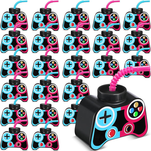 Mifoci 24 Pcs Plastic Video Gaming Party Favor Gift Supplies, 10oz Gamer Birthday Party Drink Cups (Blue,Rose)