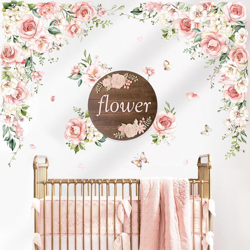 decalmile Large Pink Flower Wall Decals Pink Blossom Floral Vine Butterfly Wall