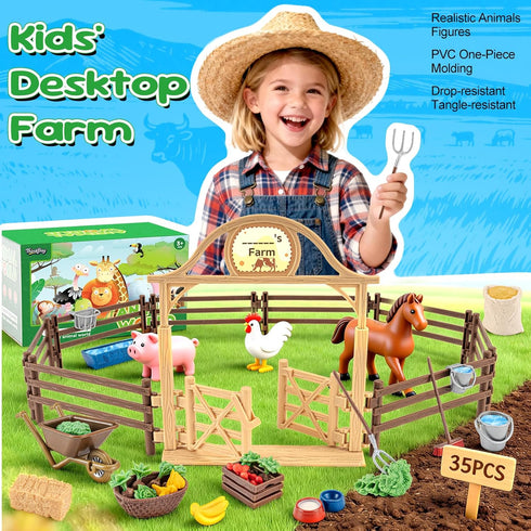 36PCS Playset Wheelbarrow, 3+ Farm Toys for Kids, Realistic Horse Stable with Fence & Gate, Mini Hay Bales, Kids