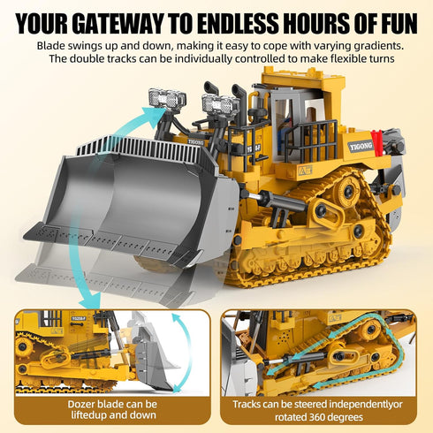 Bulldozer 9CH 2.4GHz Dozer 3-12 RC Toy with Metal Blade, Light and Sound, Remote Control Construction Truck, Tractor
