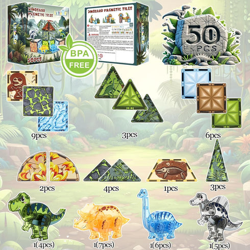 Magnetic Tiles Dinosaur Toys for Kids 3-5, Magnet Building Blocks for Boys Ages 2-4, Educational for Toddlers 1-3, STEM