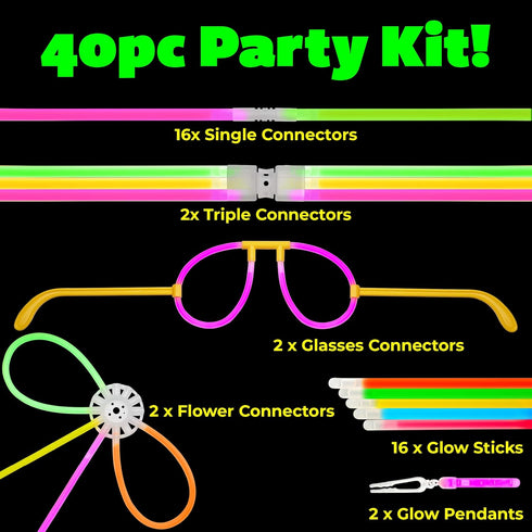 PartySticks Moondance Glow Sticks 40pk with 16 Glow in The Dark Party Favors and 24 Connectors for Decorations