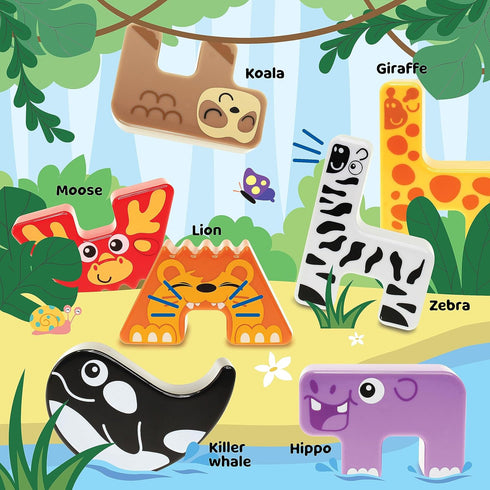 Montessori Puzzle N’ Stack Animals Toys, Kids Stacking Building Animal Blocks Toy for Toddler Preschool Gifts