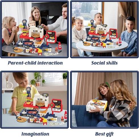 Set: 3+ Kids Pizza Oven Play Ice Cream Maker, Card Reader, Cash Register, Play Food (Pizza, Chicken Nuggets, Fries)