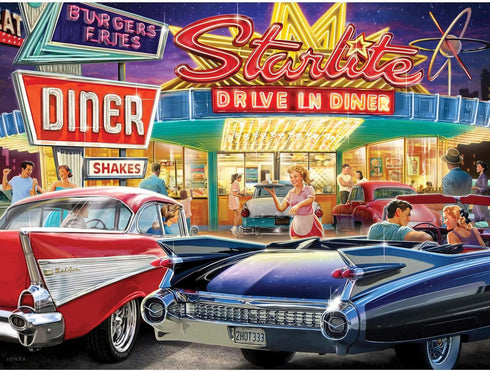 Bits and Pieces 300 Piece Jigsaw Puzzle for Adults, 50s Starlite Diner, 18" x 24" Classic Cars Drive-in Puzzle