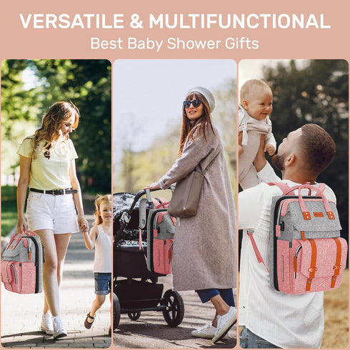 RECALLA Backpack Diaper Bag with Changing Station, Large Diaper Bag, Multifunctional Diaper Bag, Baby Bag, PinkGray