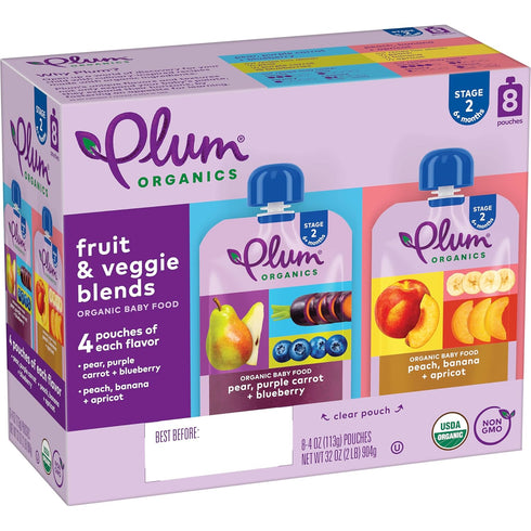 Plum Organics Stage 2 Organic Baby Food - Fruit and Veggie Variety Pack, 4 oz Pouch (Pack of 8)