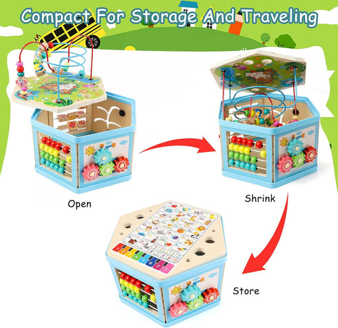 Wooden Activity Cube for 1 Year Old Kids, Educational Bead Maze for Toddler Age 1-3, Montessori Gift