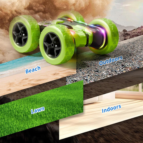 Car4WD 360 2.4GHz Ages612, Remote Control Stunt Flip DoubleSided RC Car LED Light Bar & Modular USBC Battery, OffRoad