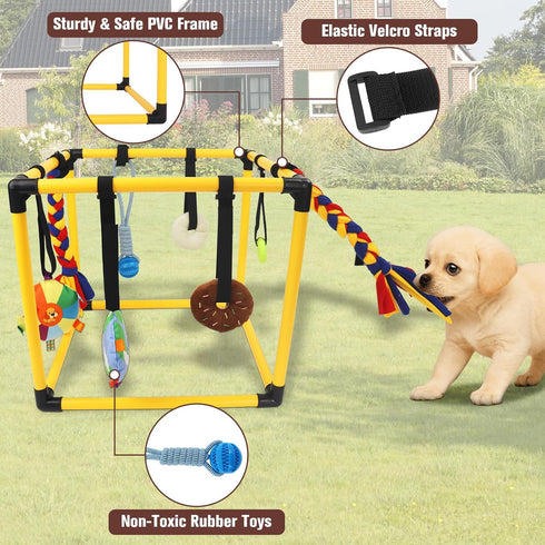 Interactive Dog Play Gym for Puppies Indoor Puppy Play Gym with Hanging Toys, Chew Accessories & Activity Posts