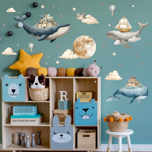 Under The Sea Whales Wall Decal Sticker,Ocean Nursery Wall Sticker,Watercolor Whale, Hot air Balloons, Castle Art Decor