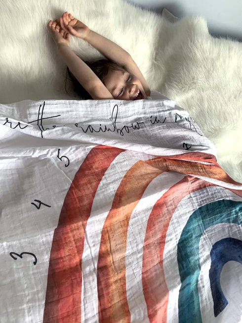 100% Organic Cotton Muslin Monthly Baby Milestone Blanket with Wooden Hello World Newborn Sign, Rainbow Photography