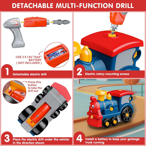 Truck Toys Set for Toddler, DIY Electric Train Assembly with Electric Drill, STEM Learning Toys for 3-8 Year Olds