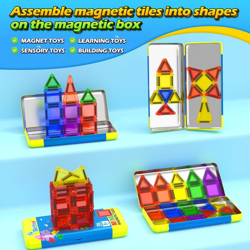 3 4 5 6 7 8+ Soyee Mini Magnetic Tiles Travel Toddler Toys with Metal Tin Portable STEM Building Kids Toys for Years