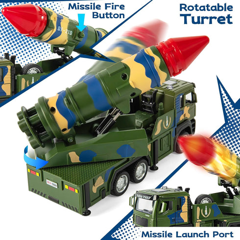 Youlechen 3-6 Military Missile Launch Truck Toy, with Lights Sounds and Pull Back Army Car, Alloy Die-cast Simulated