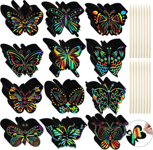 Sratte 120 Pcs Butterfly Scratch Cards, 12 Styles Rainbow Spring Crafts, Kids' Paper Craft Kits for DIY Decoration