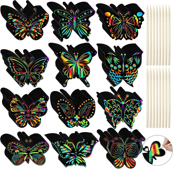 Sratte 120 Pcs Butterfly Scratch Cards, 12 Styles Rainbow Spring Crafts, Kids' Paper Craft Kits for DIY Decoration