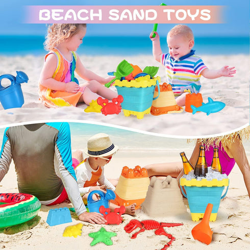 Set, 24PCS Backpack 2 Summer Elovien Beach Sand Toys Sandbox Toys with Mesh Bag Included Foldable Buckets Pails, Sand