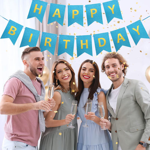 Clabby Glitter Happy Birthday Banner, Shiny Letters Hanging Signs for Party Supplies Backdrop Decoration, Blue