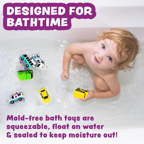 6 Pack Tub Works Vehicles Bath Cars Mold Free Bath Toys, | Sealed, No Hole Bath Toys Design Keeps Moisture Out | Soft