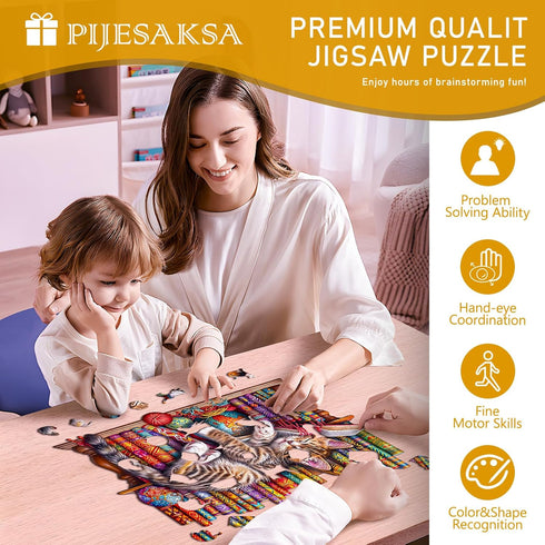 Wooden Puzzles for Adults - Snoozing Cat Wooden Jigsaw Puzzles, Unique Animal Shape Gift for Cat Lovers