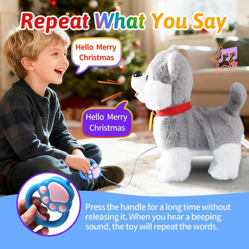 Marsjoy Husky Walking Barking Dog for Kids Interactive Musical Puppy Robot Repeats What You Say, Realistic Licking