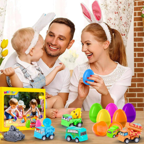 MGparty 24 Pack Prefilled Easter Eggs with Car Toys for Kids Toddlers Bulk Plastic Eggs Pull Back City Truck Vehicles
