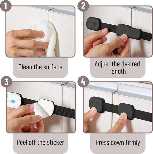 Bates Child Safety Strap Locks, 6 Pack Black Baby Proof Cabinet and Drawer Locks for Child Safety