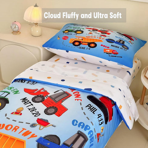 4 Set Set Piece Toddler Bedding for Boys,Cars Construction Toddler Bed Comforter Includes Comforter,Flat Sheet,Fitted
