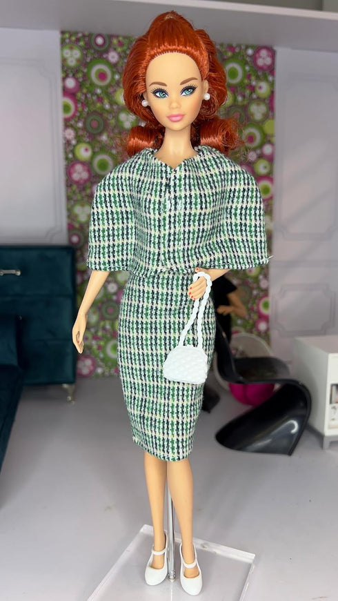 Eledoll 11.5 inch Doll Clothes Lot, Deluxe Fashion Pack Green/Blue Tweed Blazer Suit Set, Evelyn Grace 1950's