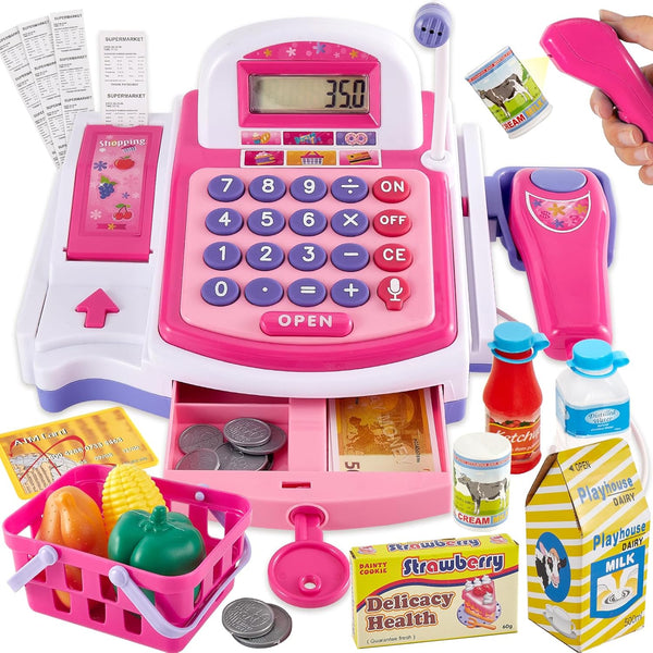BUYGER Kids Cash Register Toy with Scanner, Receipt Printer, Microphone, Shopping Play