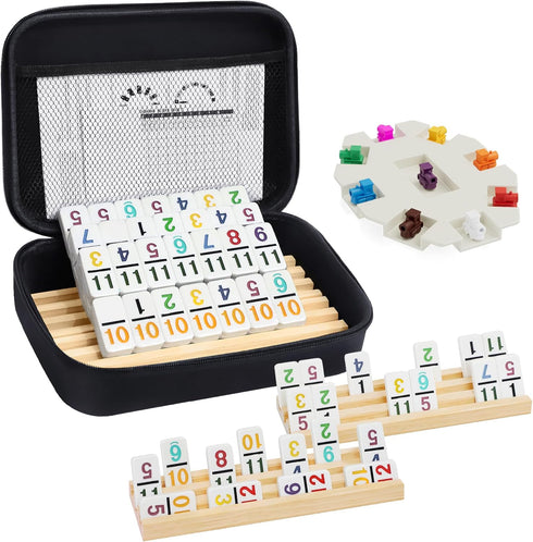 Mexican Train Dominoes Set with Numbers and 4 Wooden Trays/Racks, Double 12