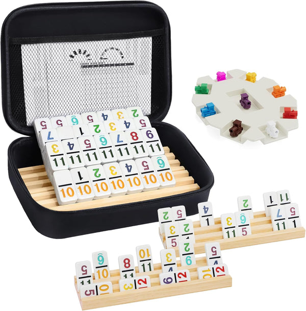 Mexican Train Dominoes Set with Numbers and 4 Wooden Trays/Racks, Double 12