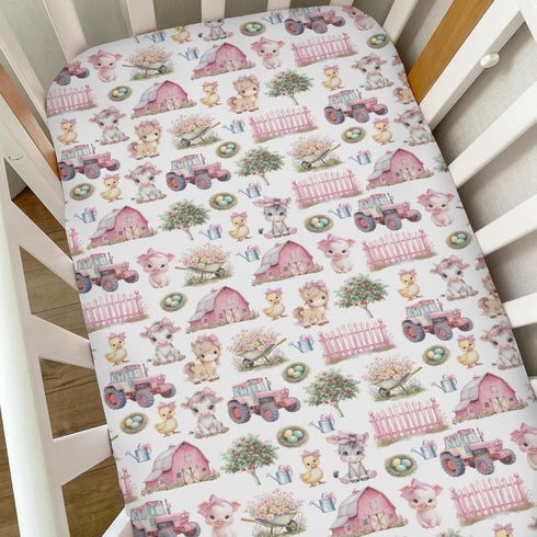 Selgkds 52''x28'' Pink Farm Animals Baby Crib Sheets for Girls Barn Pig Duck Cow Horse Bows Tractors Soft Snug Fitted