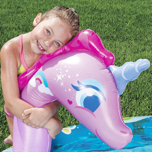 BANZAI Spray 'N Splash Unicorn Pool, Inflatable Outdoor Backyard Water Slide, 78 in Length