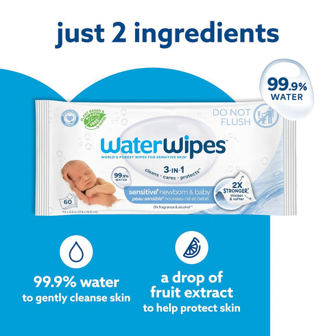 3-In-1 99.9% 180 Count (3 Packs) WaterWipes Sensitive+ Newborn & Baby Wipes, Cleans, Cares, Protects, Water, Unscented