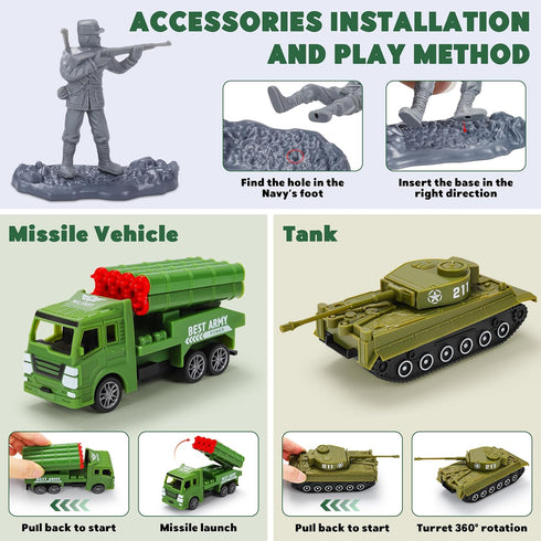 Playset 117 Set 4-12, Kusntin Army Men Pcs Military Toy Soldiers with Action Figures, Battle Mat, Tanks, Helicopter