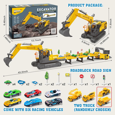Dwi Dowellin Toys for 3 Year Old Boys, Excavator Toys with 6 Metal Racing Cars and 2 Engineering Vehicles, Foldable