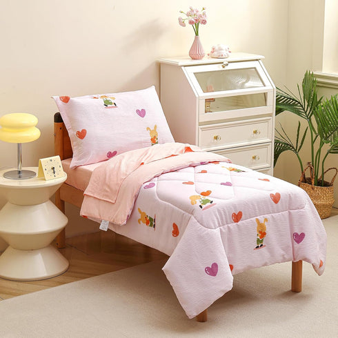 Set 4 Set Caressma Pink Toddler Bedding for Girls, Reversible Seersucker Bedding with Rabbit Pattern, Cute Heart Print