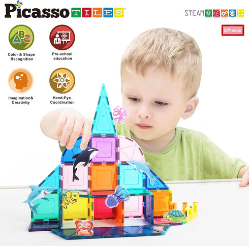 PicassoTiles Magnet Tile Building Blocks, 8 Marine Animal Action Figures Compatible Playset for Kids Toys