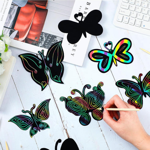 Sratte 120 Pcs Butterfly Scratch Cards, 12 Styles Rainbow Spring Crafts, Kids' Paper Craft Kits for DIY Decoration