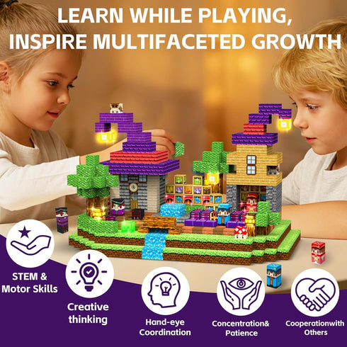 200PCS Set 3+ Magnetic Blocks - Magnetic School Castle with Light Up Blocks - Kids Classroom Sensory Toy for Toddlers