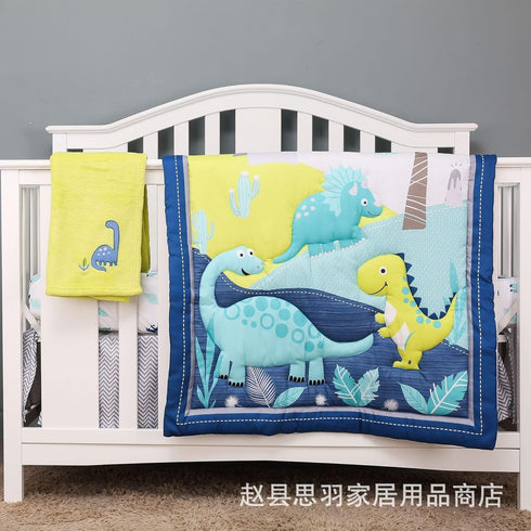 Set Crib Quilt with Dinosaur Theme, Blue and Yellow Baby Bedding | Comforter