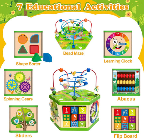 1 12-18 7-in-1 1-2, 1st Wooden Activity Cube for Year old, Month Boys & Girls, STEM Montessori Early Developmental