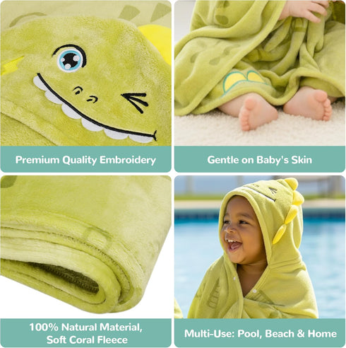 (0-5 HECCEI Toddler Hooded Bath Towel Premium Soft Fleece Baby Bath Cape Green Dinosaur Theme Swim Poncho Fun Dino Gift