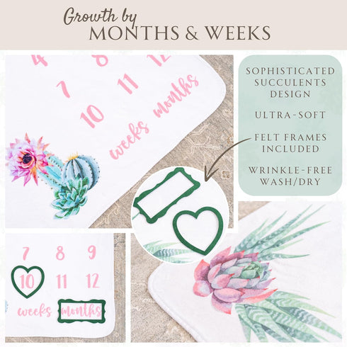Baby Monthly Milestone Blanket for Baby Girl | 60"x40" Cactus Growth Chart | Weekly & Monthly baby milestone blanket Girl | Photography Prop Newborn Picture w/Heart & Frame by Abiding Adventures