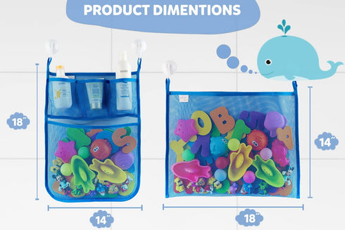 2 x Mesh Bath Toy Organizer + 6 Ultra Strong Hooks, Perfect Bathtub Toy Holder & Bathroom Caddy for Kids & Toddlers