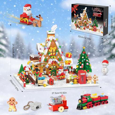 2025 Set 14+ (1763PCS) PLAXSOON Christmas Gingerbread House Courtyard Mini Building with Lights, Christmas Village