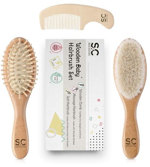 Baby Hair Brush and Comb Set for Newborn, Wooden Brush with Soft Goat Bristles, Baby Grooming Kit by Stone & Clark